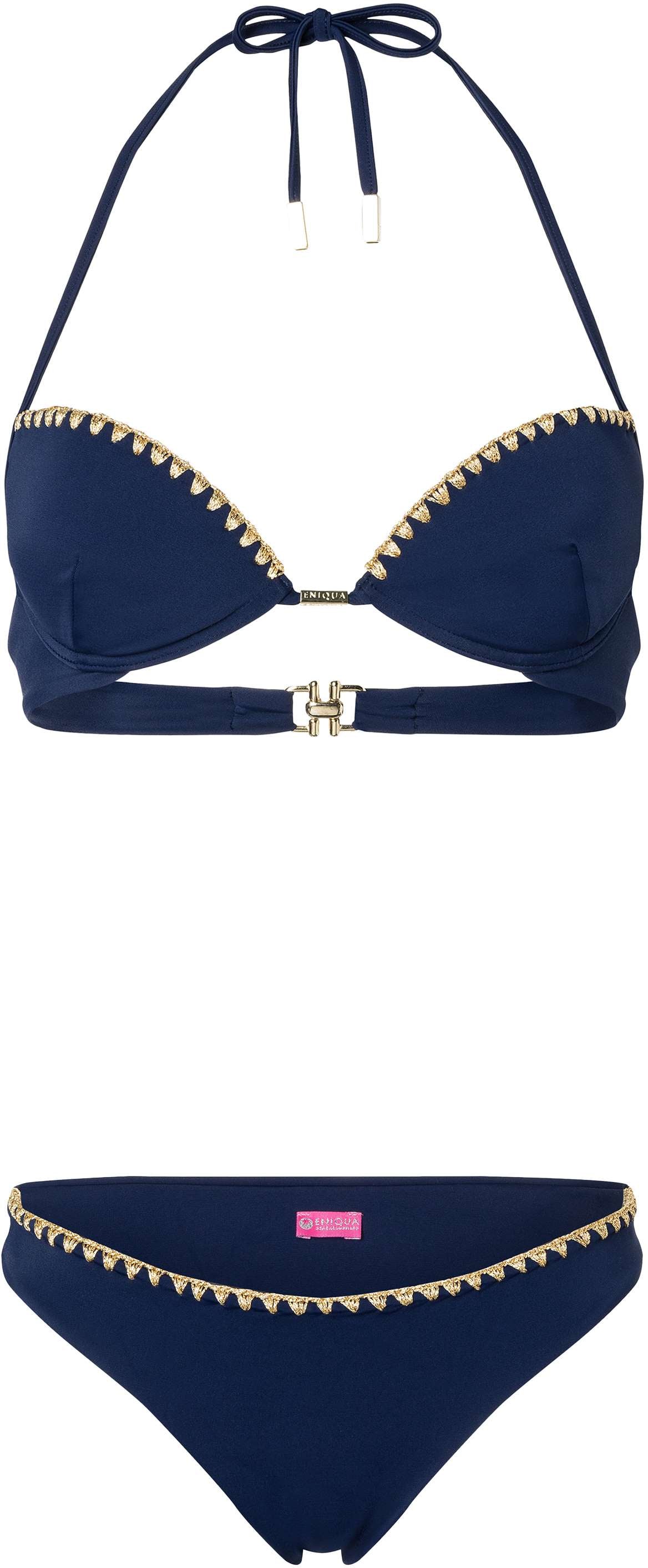 Navy blue bikini by Eniqua with gold trim, consisting of a halterneck top and matching bottoms.