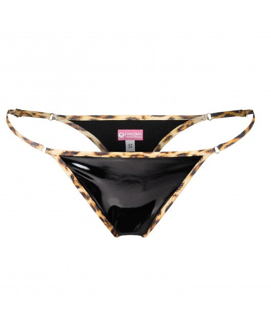 Black leopard print bikini bottoms by Eniqua with shiny front and adjustable straps, made in Italy.