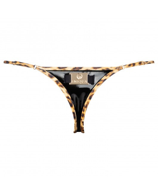 Eniqua leopard print bikini thong with black accents and adjustable side ties, featuring a gold logo on the front. Expertly crafted in Italy for a chic and stylish look.