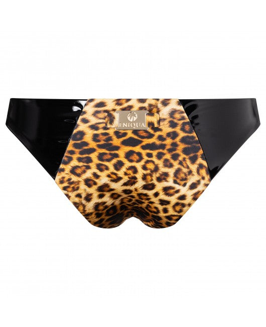 Eniqua leopard print bikini bottoms with black sides and metallic logo panel, made in Italy for a chic, sophisticated look.