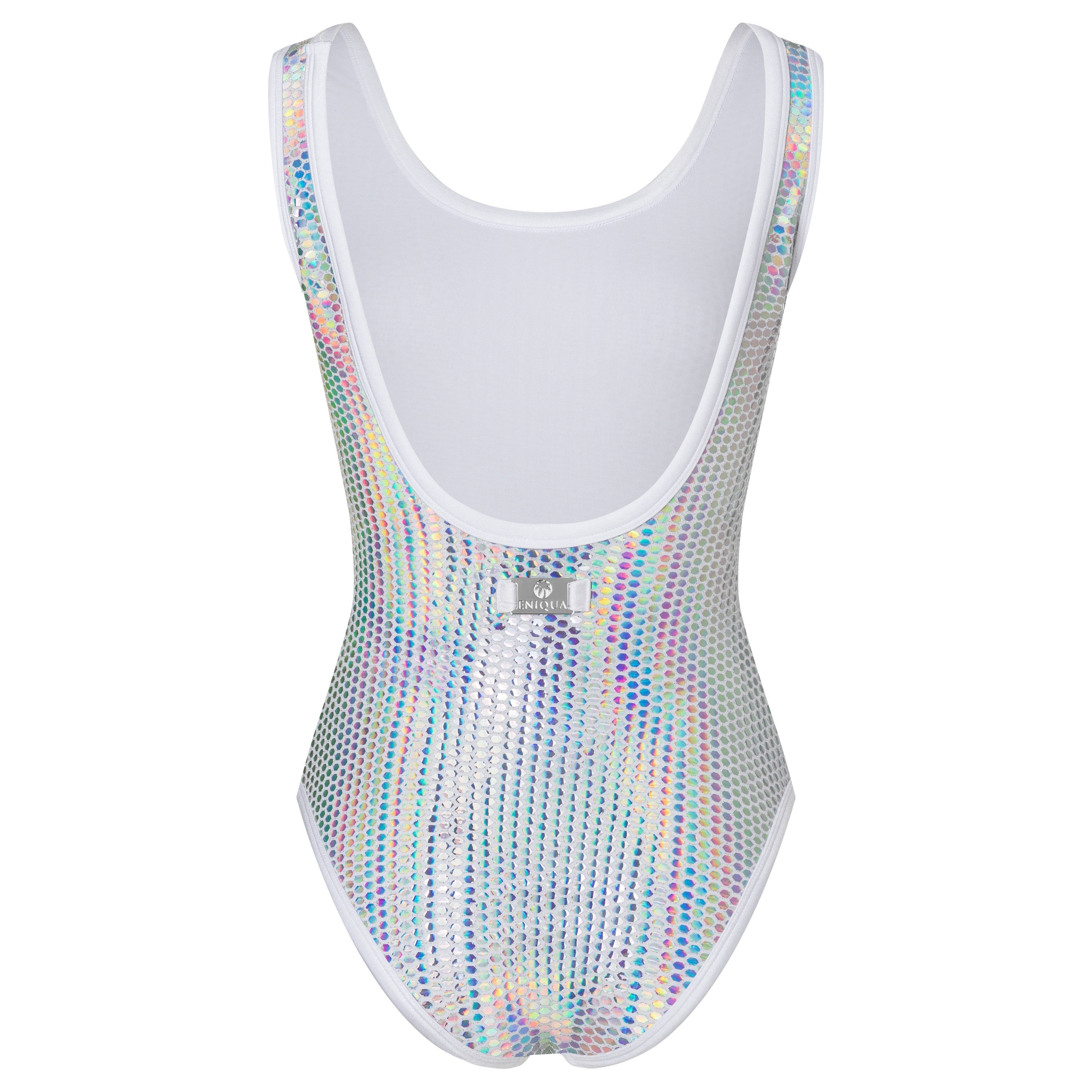 Rear view of Eniquas sleeveless mermaid swimsuit in holographic rainbow fabric with a plunging neckline. Shiny finish against a white background. Made in Italy.