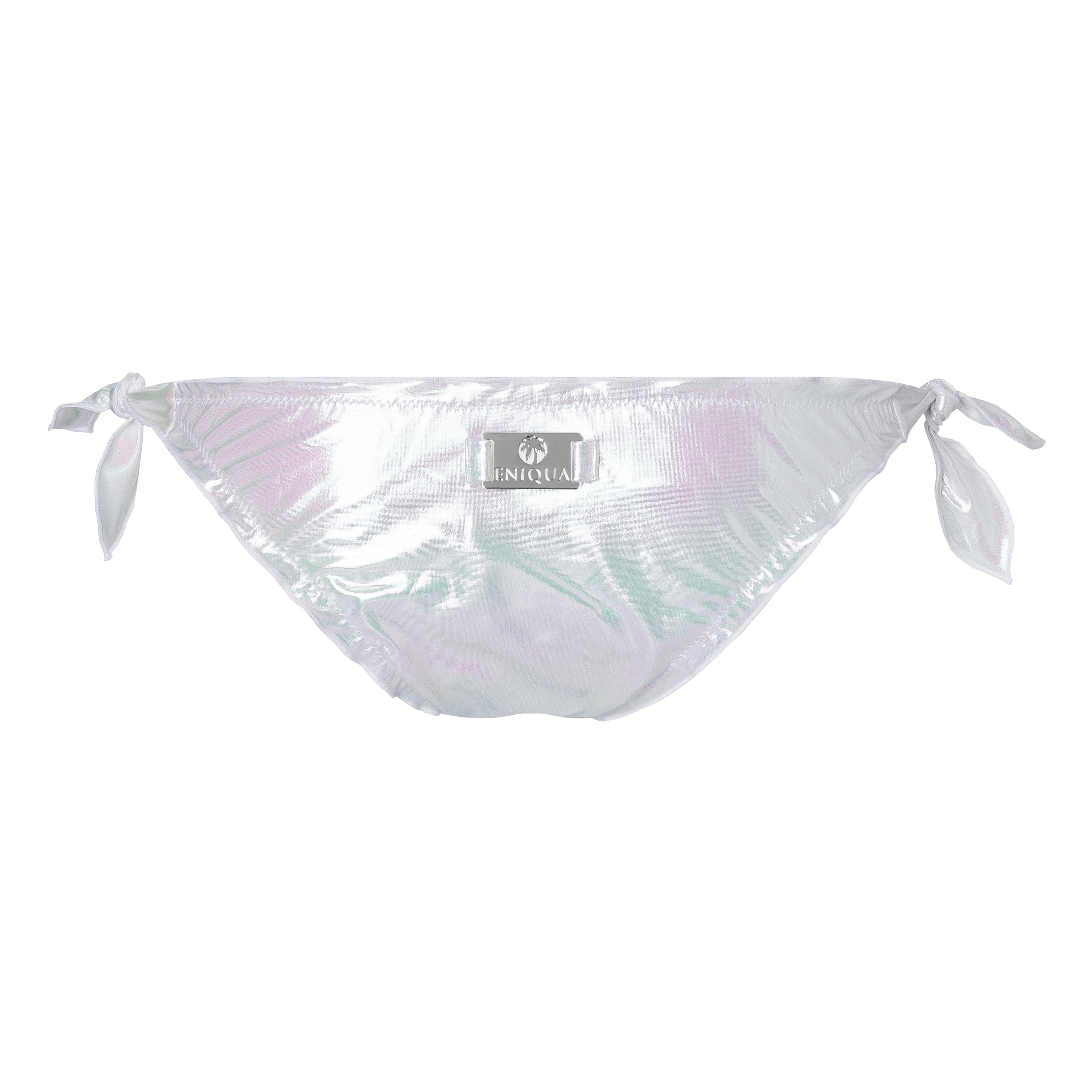 Eniqua shiny silver pearl bikini with side ties and brand logo on the front.