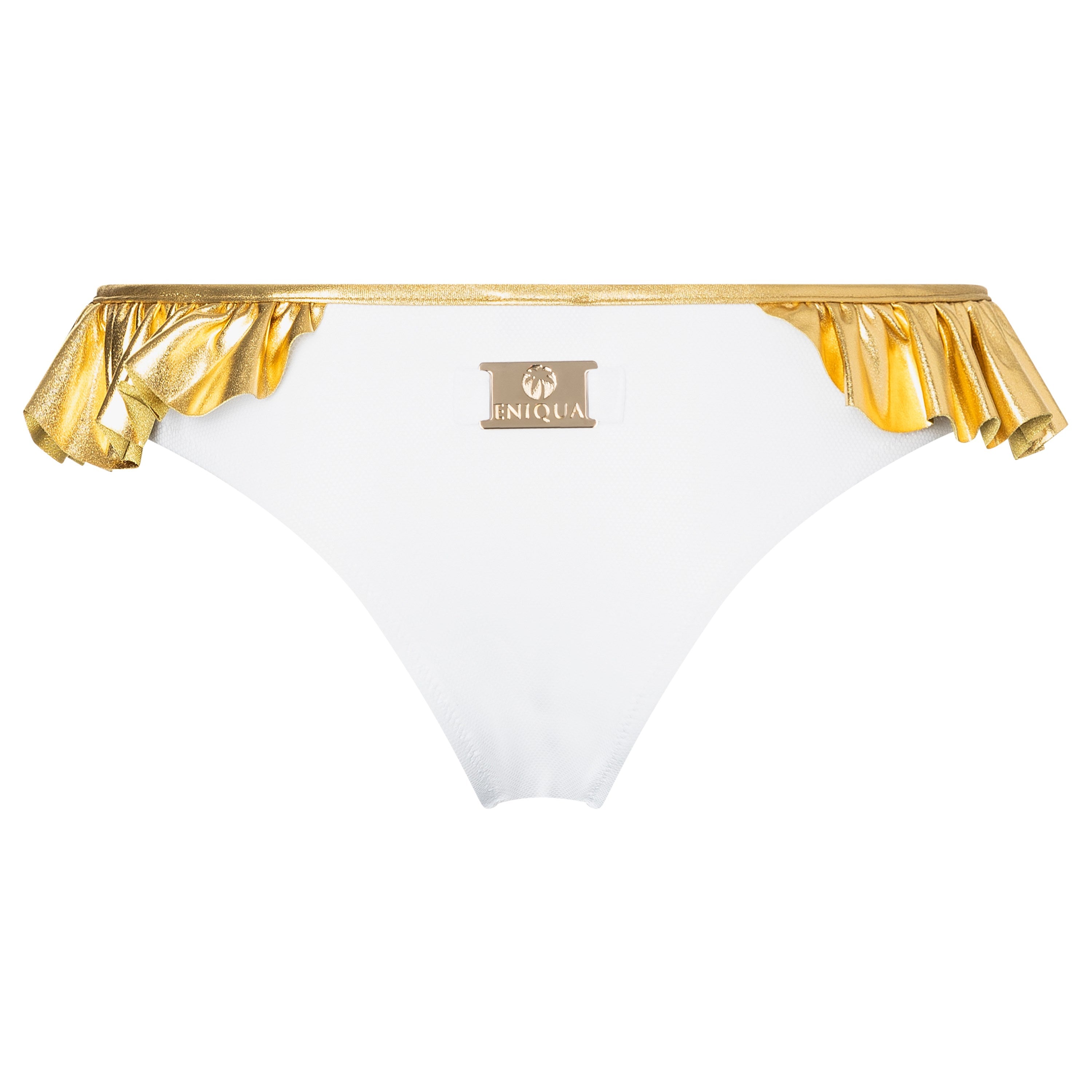 White bikini bottoms by Eniqua with gold ruffles and a gold logo label on the front waistband. Made in Italy, this style can be perfectly paired with your favourite triangle bikini top.