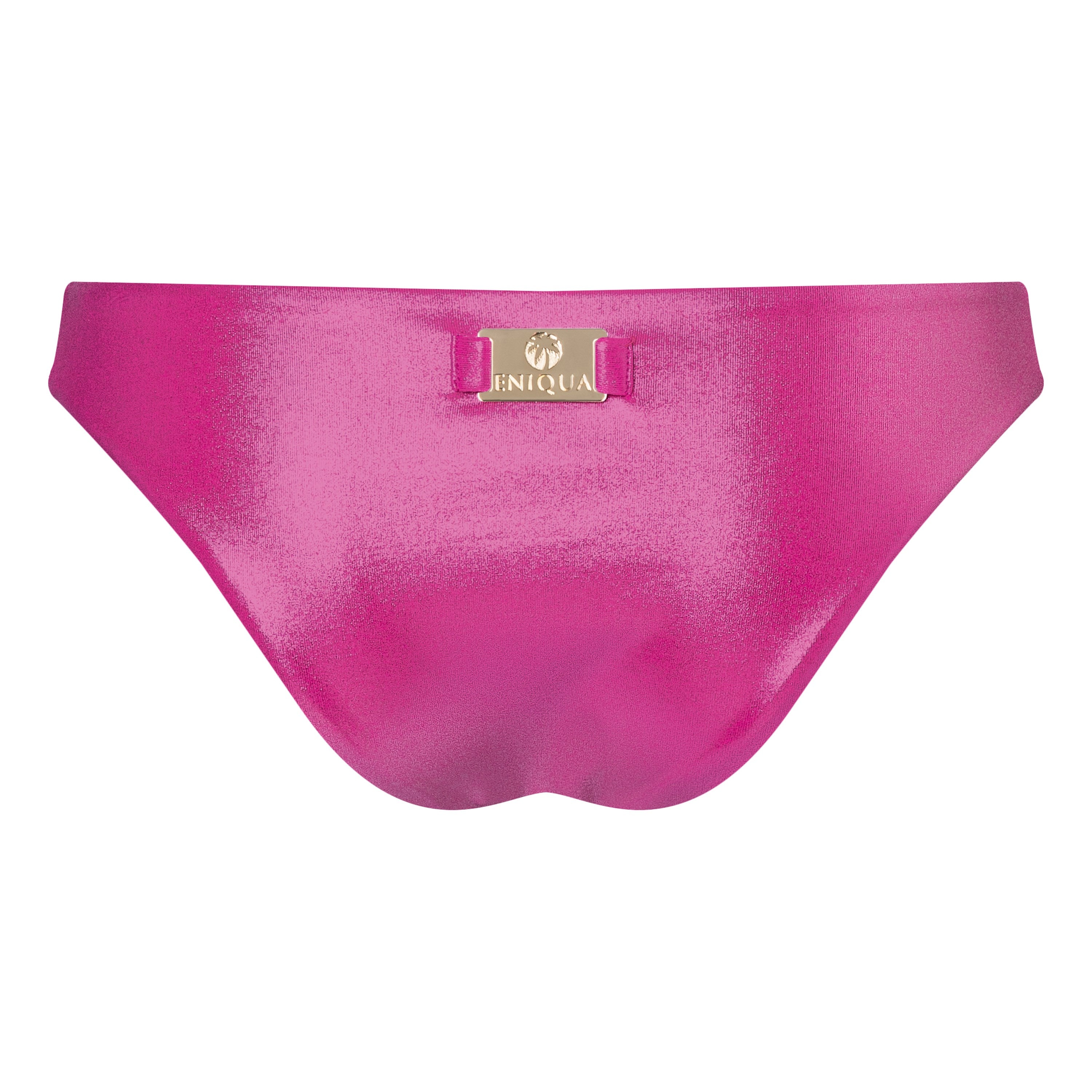 Shiny pink bikini bottoms by Eniqua with a small gold label and a bow in the middle of the waistband, made in Italy – a typical piece.