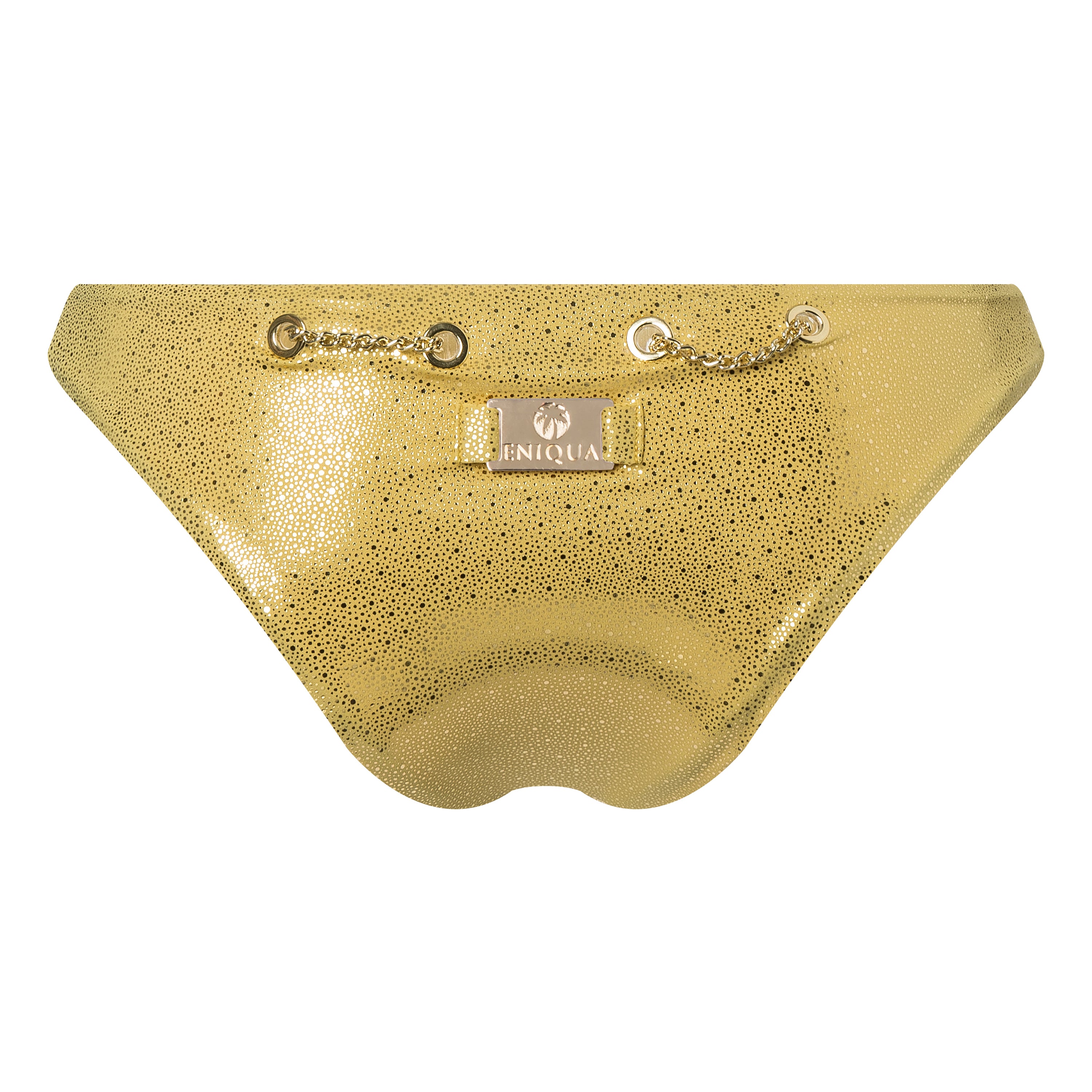 Goldfarbener, glitzernder Bikiniunterteil von Eniqua aus goldfarbenem, tropfenförmigem Stoff mit Kettenakzenten und einem kleinen Eniqua-Label auf der Vorderseite. Hergestellt in Italien.