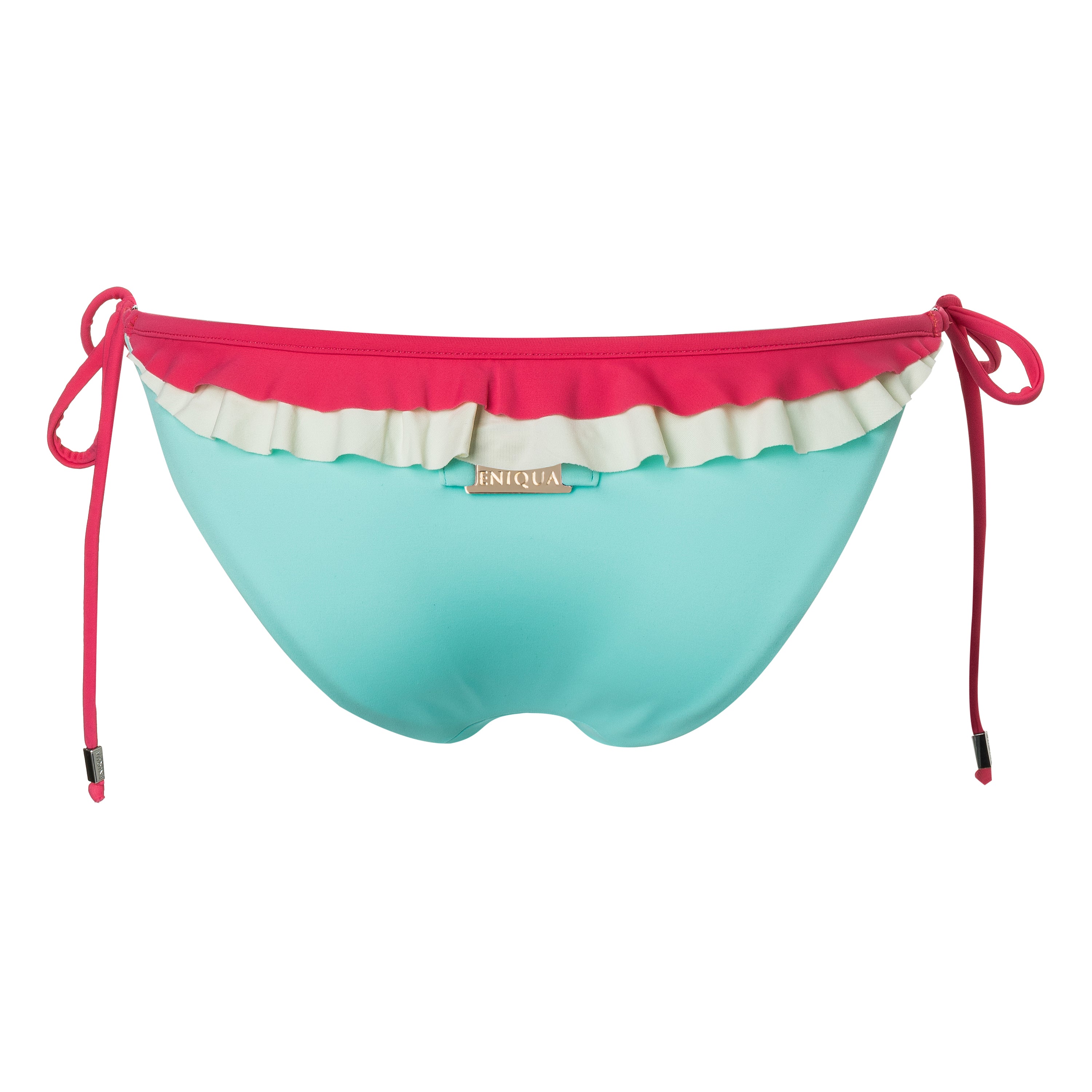The aqua-coloured Eniqua bikini with pink side ties, white ruffle trim and a gold label on the front is a playful, ice cream-coloured must-have.