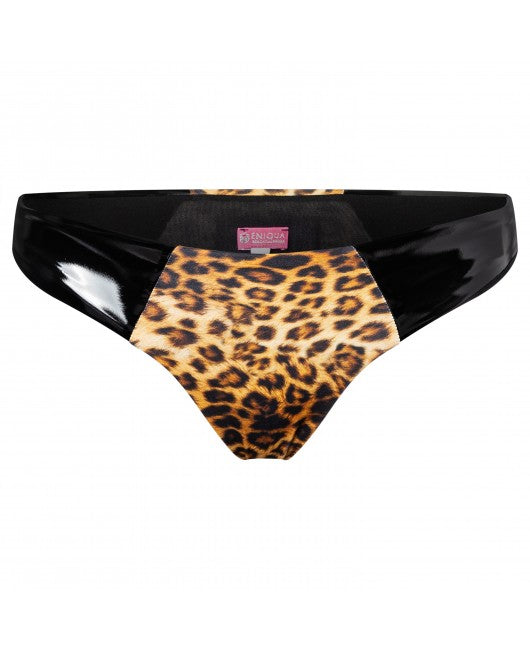 Eniqua bikini-style underwear with leopard print, black patent accents and pink waistband label. Inspired by daring swimwear, this chic piece combines playful sophistication with eye-catching style.