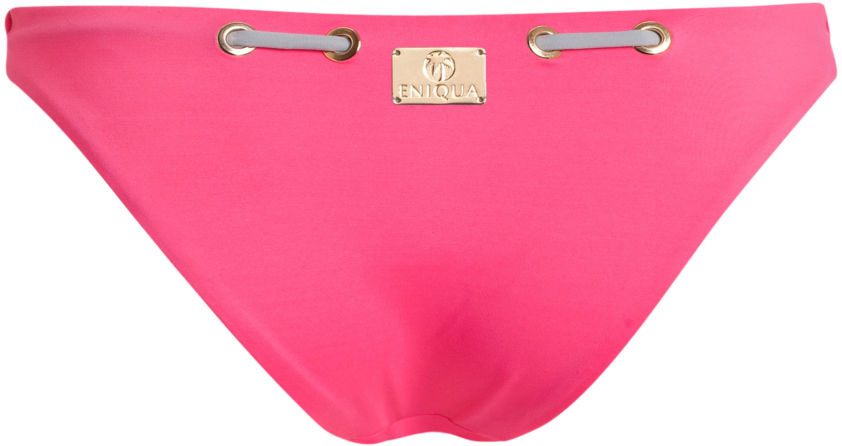 The bright pink triangle bikini by Eniqua has gold eyelets, grey straps and a gold logo on the front. Made in Italy.