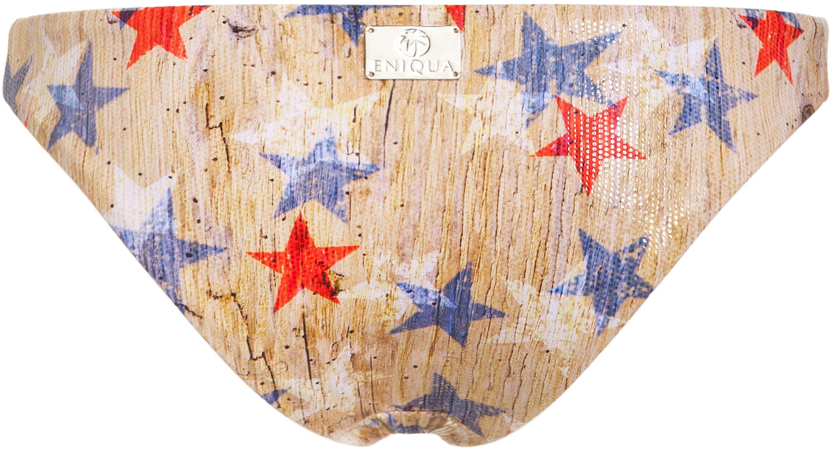 Triangle bikini bottoms by Eniqua with red and blue star pattern on a wood-like background and small Eniqua logo tag. Made in Italy.