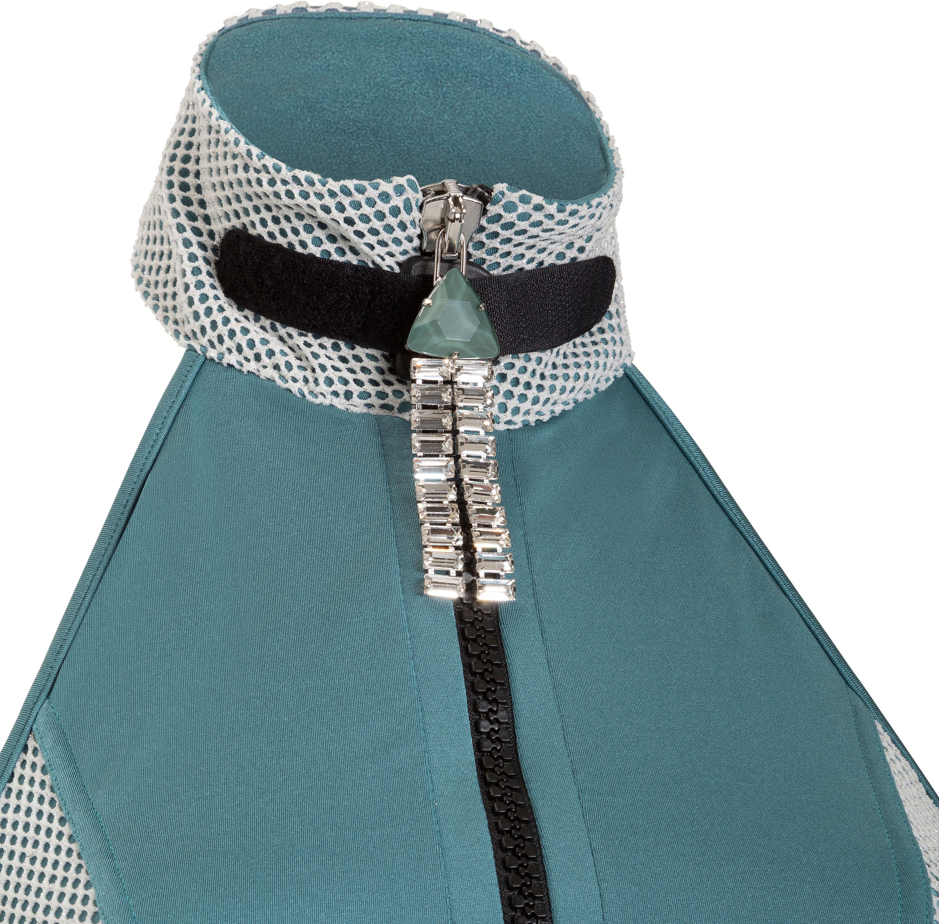 Teal Eniqua Ocean Spume swimsuit with mesh collar, zip fastening, black straps and geometric crystal bead detailing. Get this stunning Eniqua swimsuit with zip fastening in our official online shop.