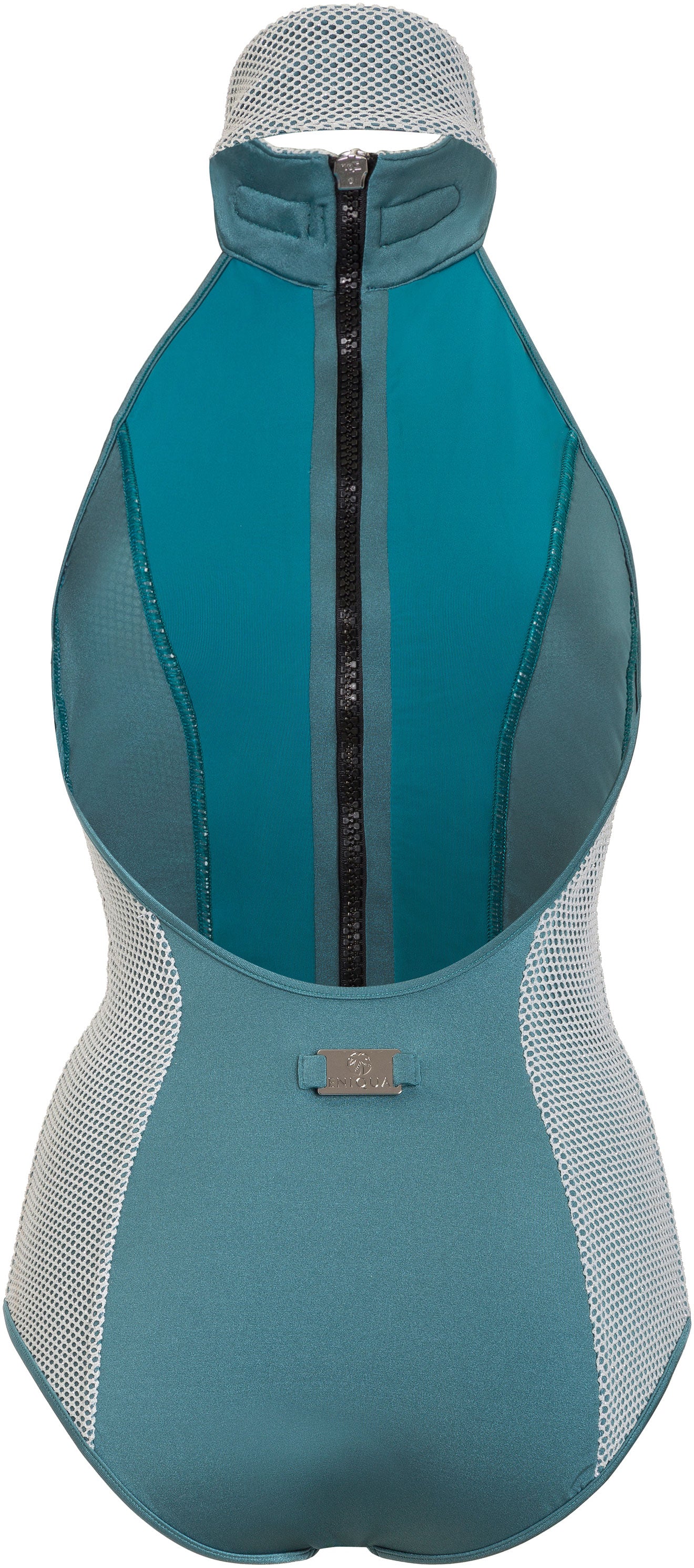 Get the Eniqua Ocean Spume swimsuit in our official online shop – a petrol and white halterneck one-piece with a front zip and mesh inserts on the sides.