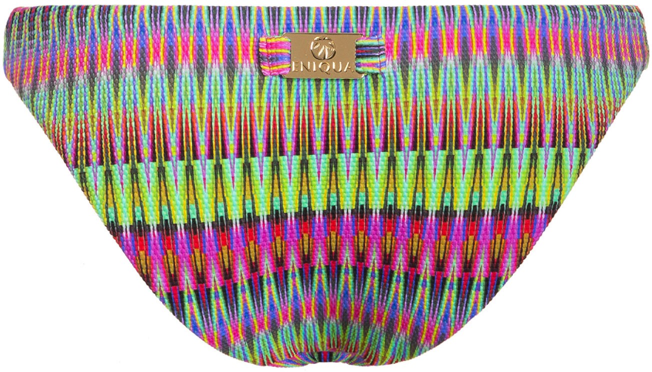 Eniqua bikini bottoms with colourful patterns, a golden Eniqua logo plate in the centre of the waistband, unique 3D fabric and proudly made in Italy.