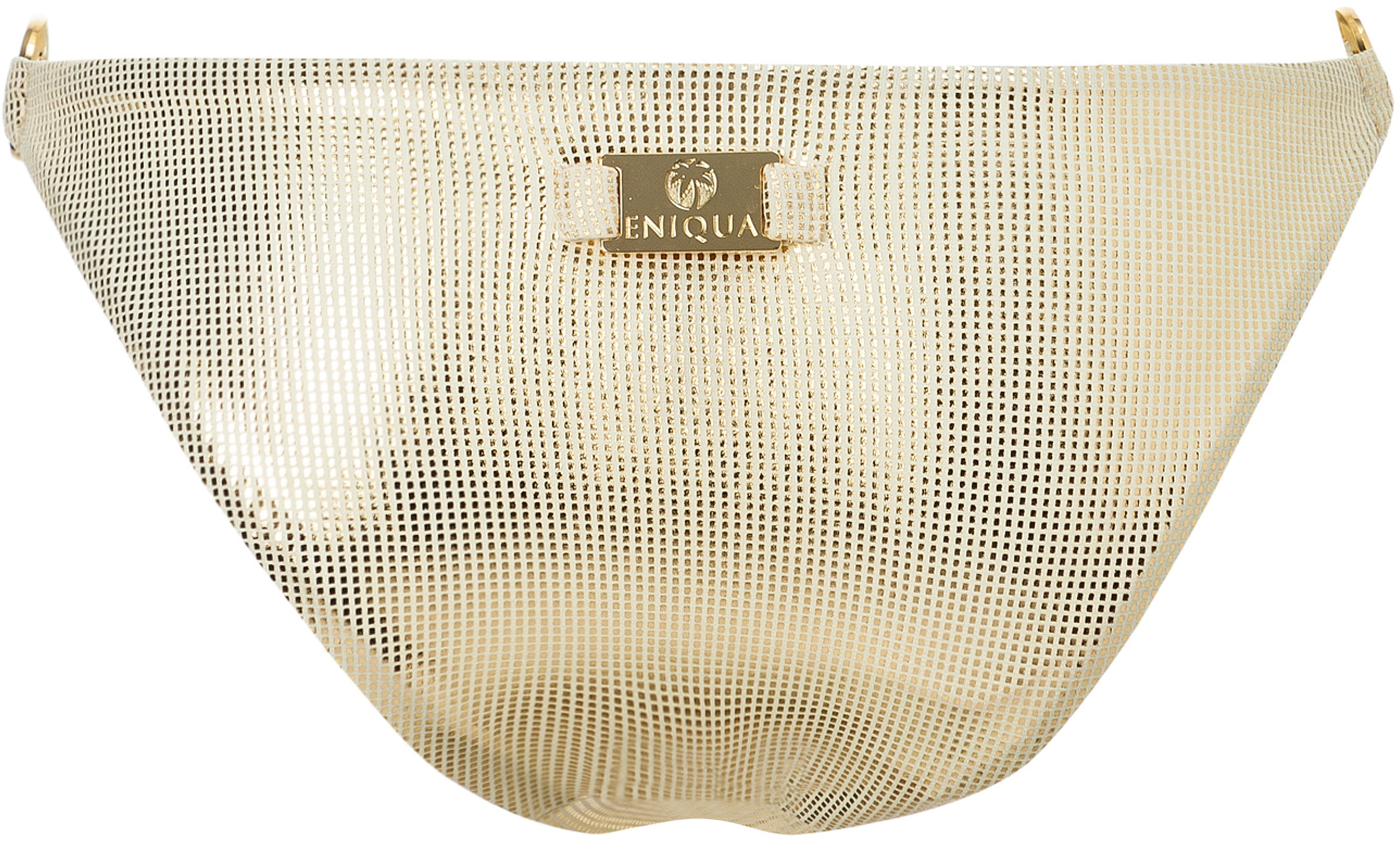Gold metallic mesh belt bag with a small gold ENIQUA logo on the front, designed in the same luxurious style as our Golden Bricks bandeau bikini.