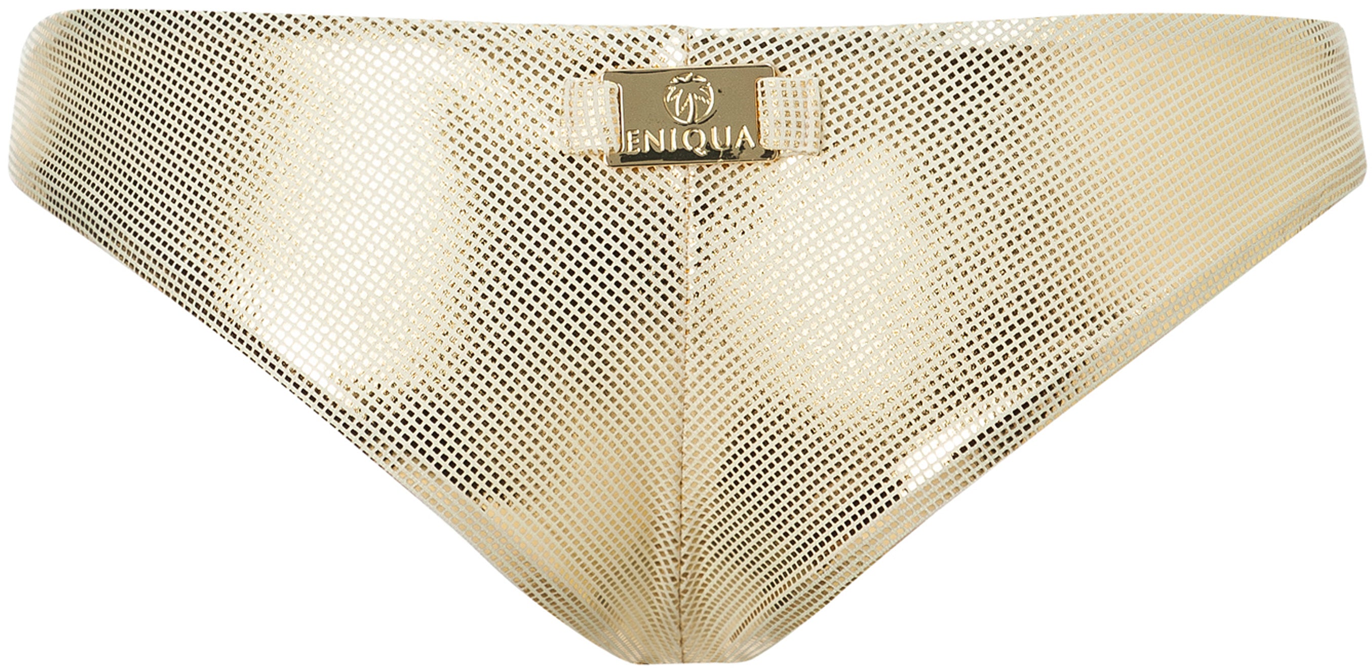 Gold mesh bikini bottoms by Eniqua with a rectangular logo plaque at the centre front, designed in Italy. Pair it with the Golden Bricks bandeau bikini for a dazzling look.