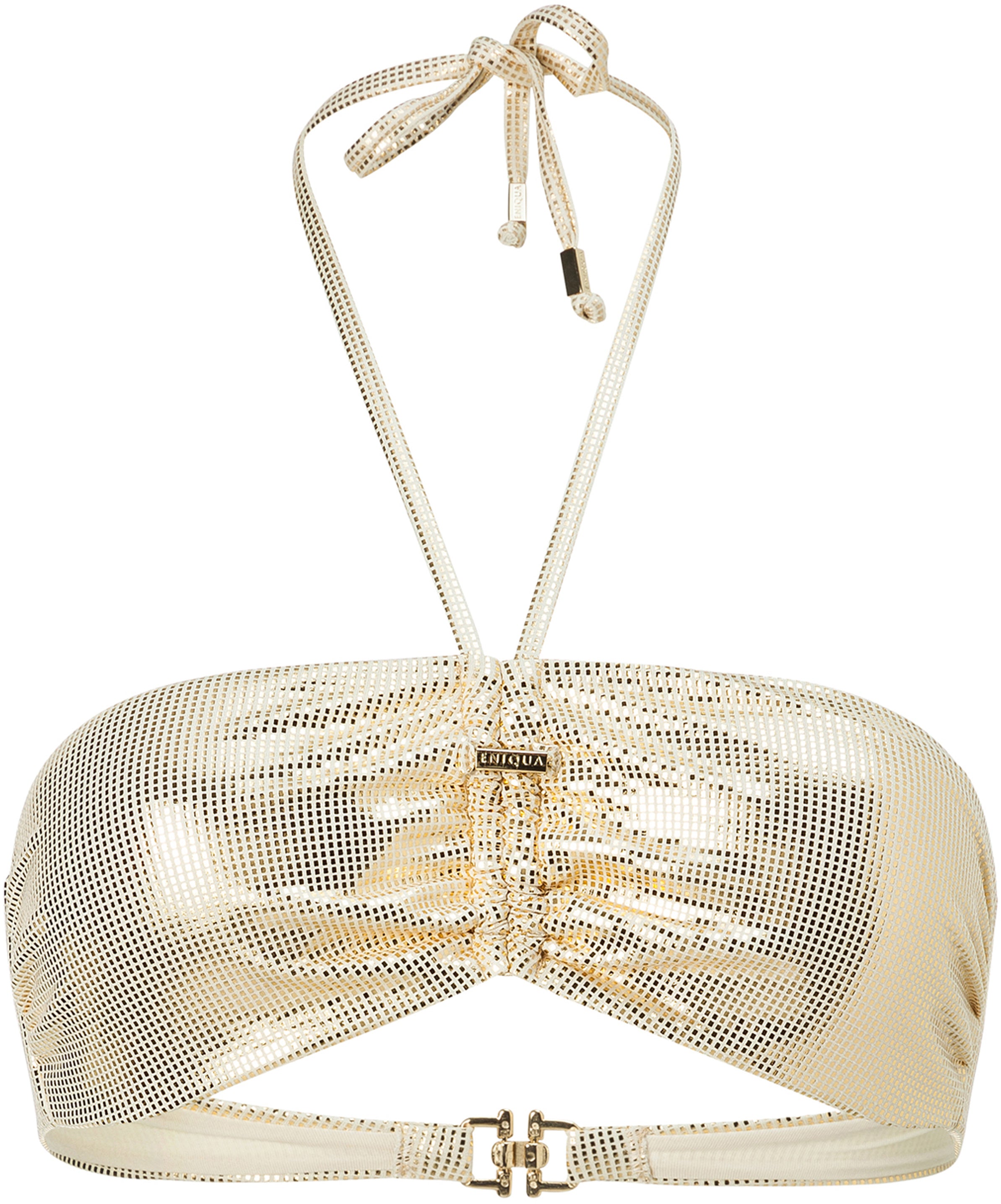 The Eniqua Gold Metallic Halter Neck Golden Bricks Bandeau Bikini Top, made in Italy, has a knot in the centre and a fastening at the back.