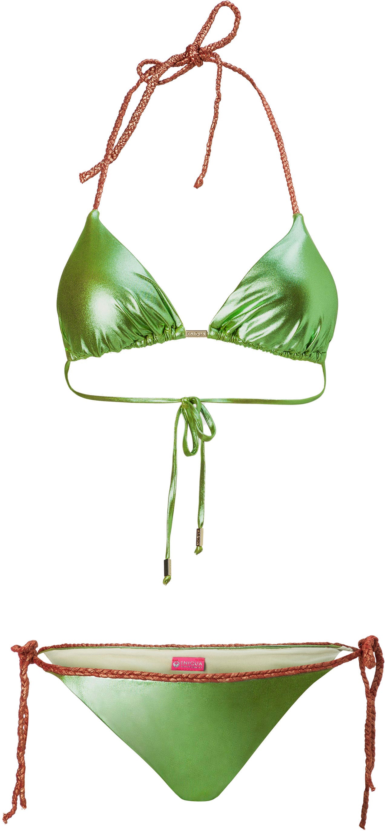 Eniqua glamouröser grüner Bikini mit braunen geflochtenen Trägern, hergestellt in Italien, dargestellt auf weißem Hintergrund.