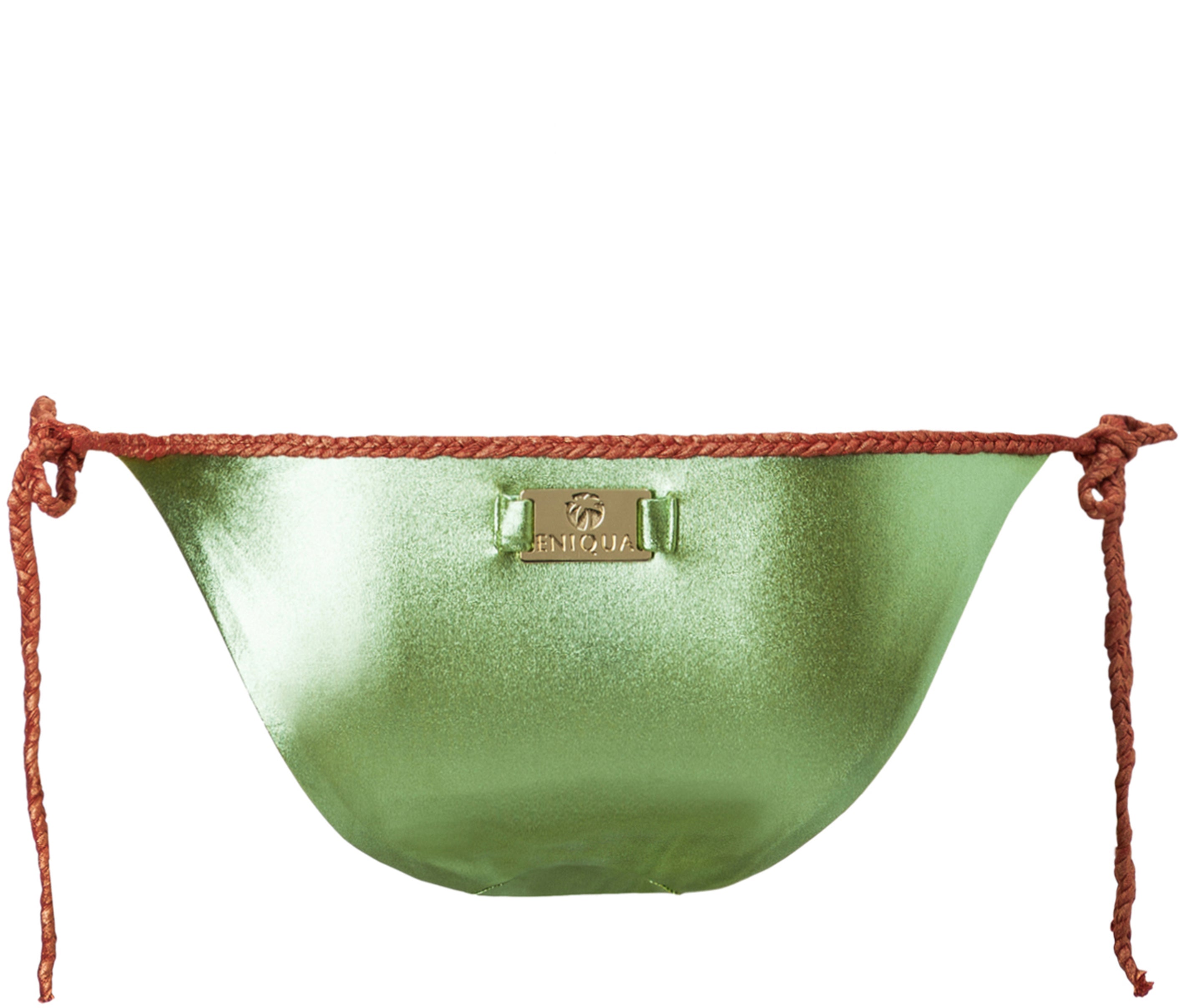 The shiny green bikini by Eniqua with brown braided side ties and a gold logo plate on the front was expertly crafted in Italy.
