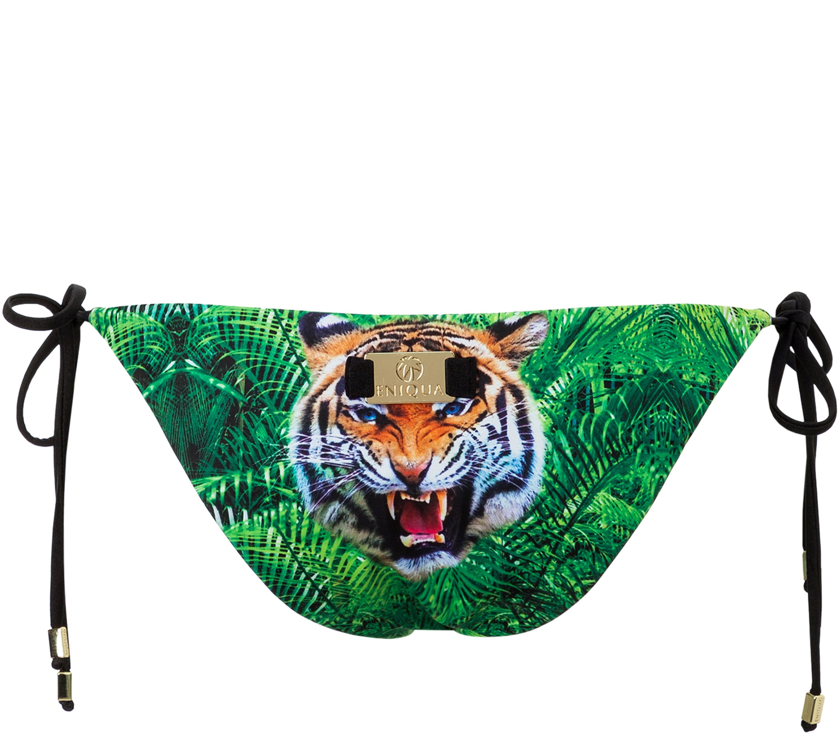 Eniqua Green Jungle Tiger Bikini Bottom mit einem wilden Tigergesicht-Print, schwarzen Seitenbändern und einer goldenen Logoplatte in der Mitte. Hergestellt in Italien für außergewöhnlichen Stil.