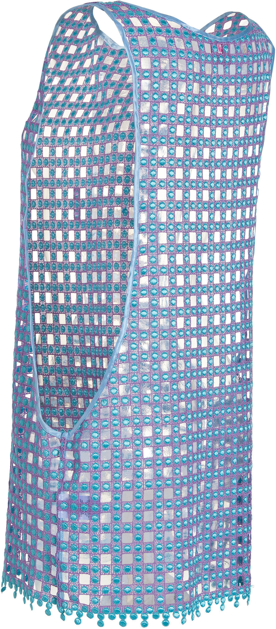 Eniqua sleeveless top with blue and purple lattice pattern, made of transparent mesh – perfect as an elegant, airy beach dress for your next visit to a restaurant by the sea.