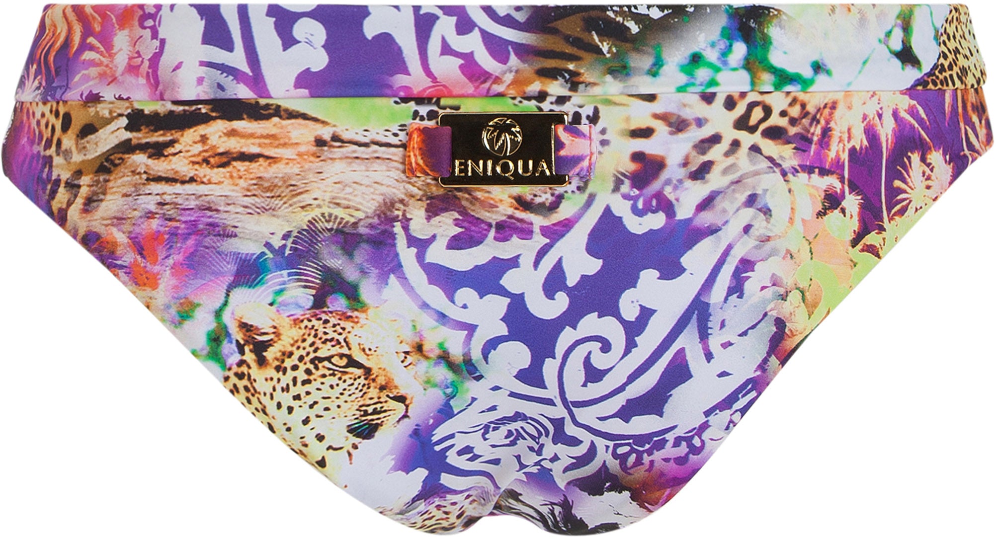 Bikini bottoms by Eniqua with a vibrant leopard print, abstract purple and white patterns and Eniqua label. Made in Italy.