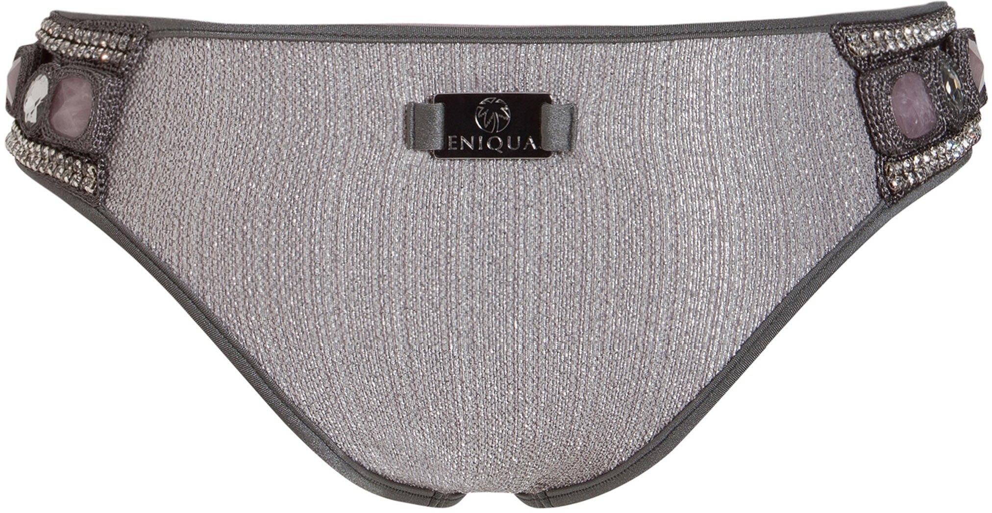 Silver bikini bottoms by Eniqua with side embellishments and a central logo on the waistband – a luxurious triangle bikini made in Italy for an upscale beach look.