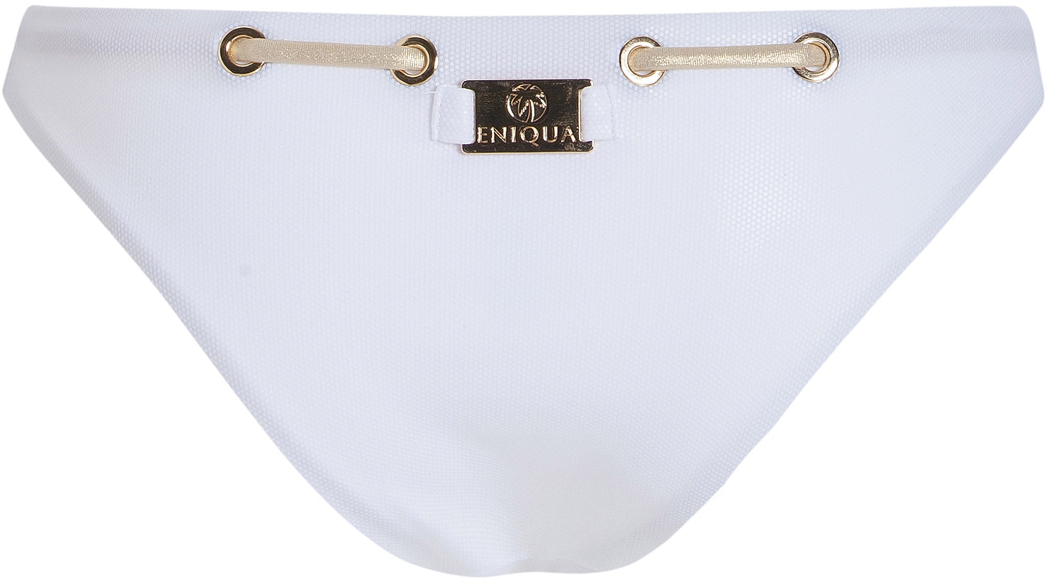 White bikini bottoms by Eniqua with gold eyelets and a metal logo plate at the centre front – perfect for pairing with your favourite white triangle bikini for a chic, golden summer look.